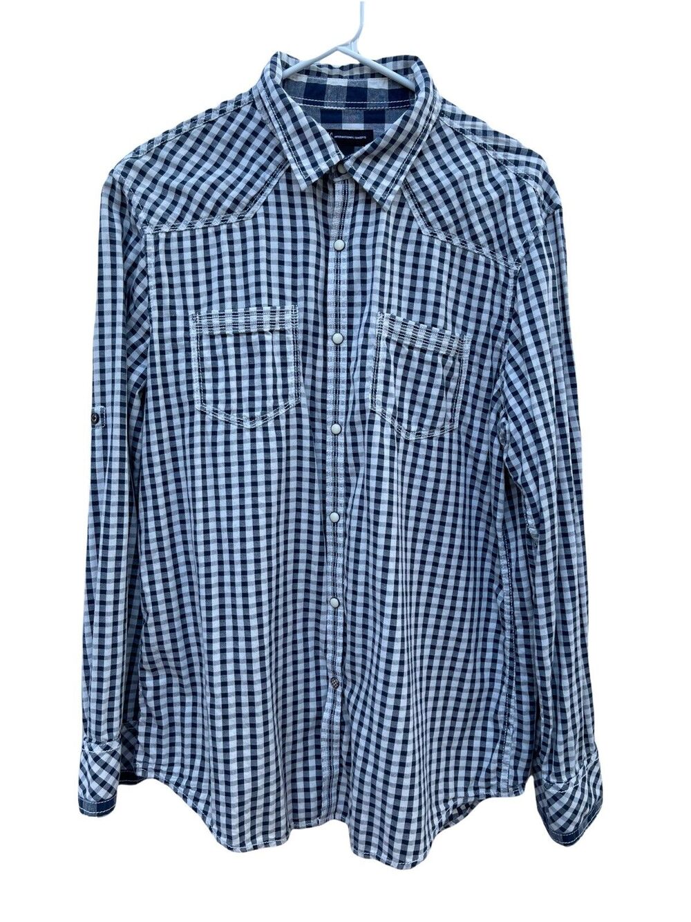 INC INTERNATIONAL CONCEPTS PLAID CHECK BLUE WHITE L SNAP BUTTON DOWN SHIRT EUC